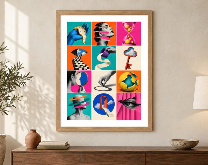 Surreal Collage Print - Liquid Time, Melting Clock and Dreamlike Pop Art, A2 Digital Download — presentación de la obra