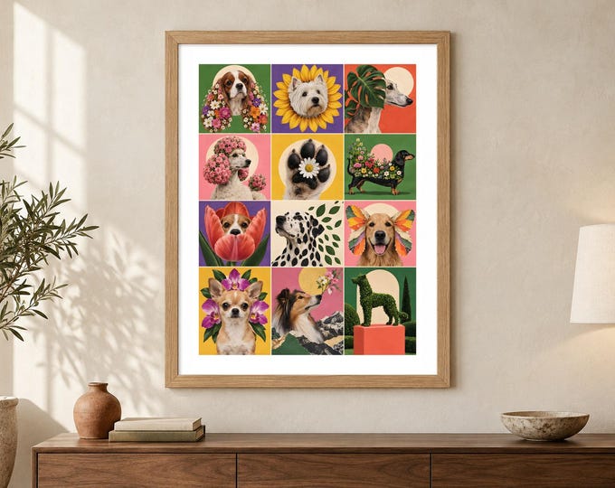 Botanical Dog Collage Print - Canine Garden, Colourful Floral Pet Wall Art, A2 Digital Download — presentación de la obra