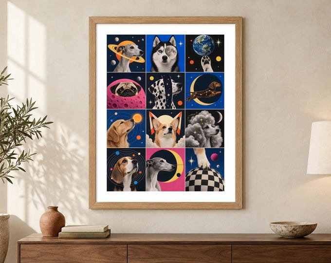 Space Dog Collage Print - Cosmic Dogs, Surreal Moon and Planet Pet Art, A2 Digital Download — presentación de la obra