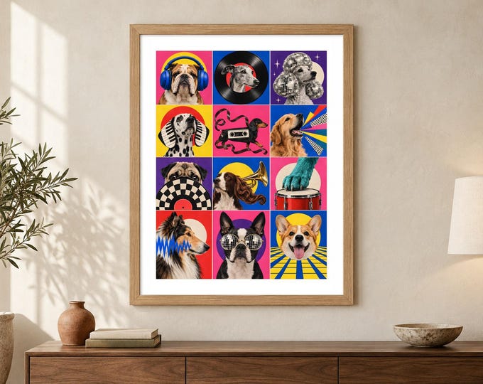 Music Dog Collage Print - Canine Club, Colourful Disco and Vinyl Pet Art, A2 Digital Download — presentación de la obra