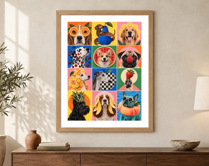 Fruit Dog Collage Print - Fruity Dogs, Colourful Kitchen Pet Wall Art, A2 Digital Download — presentación de la obra