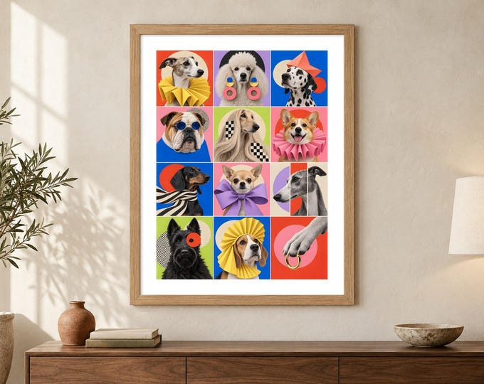 Fashion Dog Collage Print - Dog Fashion, Surreal Colourful Pet Wall Art, A2 Digital Download — presentación de la obra