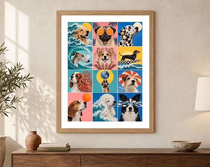 Coastal Dog Collage Print - Surfer Dogs, Colourful Beach Pet Wall Art, A2 Digital Download — presentación de la obra
