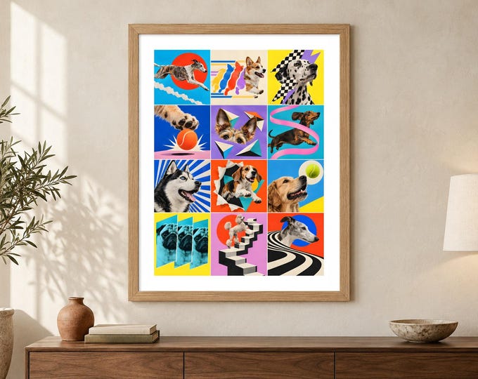 Dog Collage Print - Dogs in Motion, Colourful Playful Pet Pop Art, A2 Digital Download — presentación de la obra