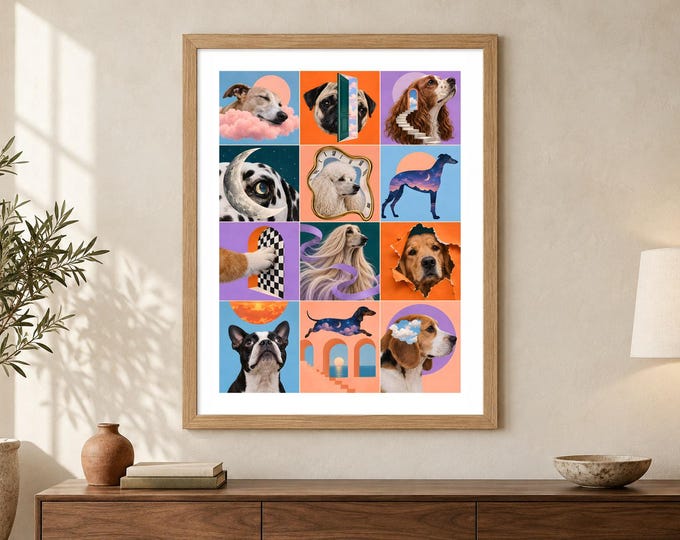 Surreal Dog Collage Print - Dog Dreams, Dreamlike Colourful Pet Wall Art, A2 Digital Download — presentación de la obra