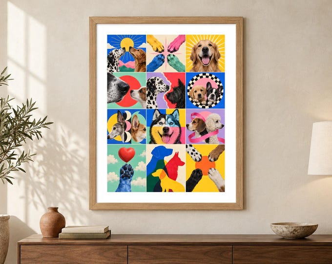 Dog Collage Print - Happy Pack, Colourful Canine Friendship Wall Art, A2 Digital Download — presentación de la obra