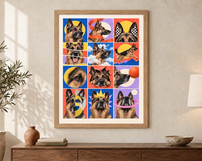 German Shepherd Collage Print, Colourful Dog Pop Art, A2 Digital Download — presentación de la obra