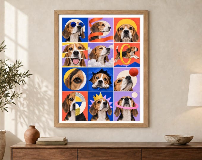 Beagle Collage Print, Colourful Dog Pop Art, A2 Digital Download — presentación de la obra