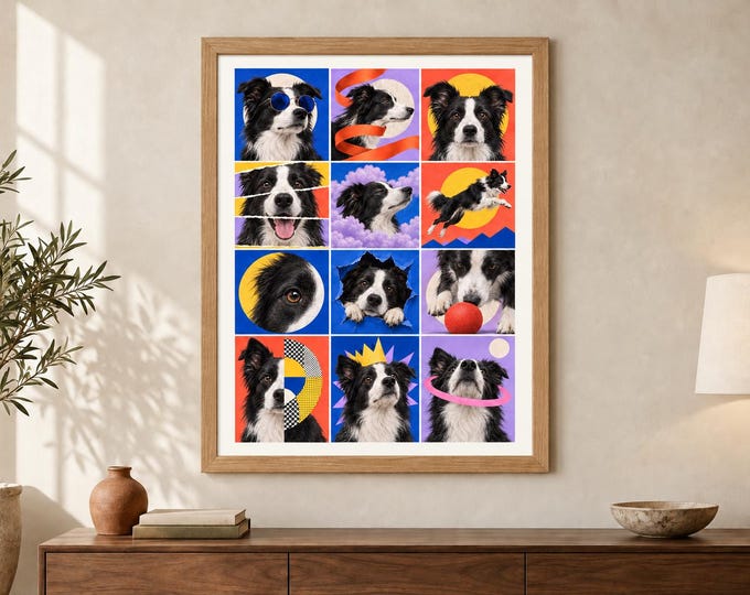 Border Collie Collage Print, Colourful Dog Pop Art, A2 Digital Download — presentación de la obra