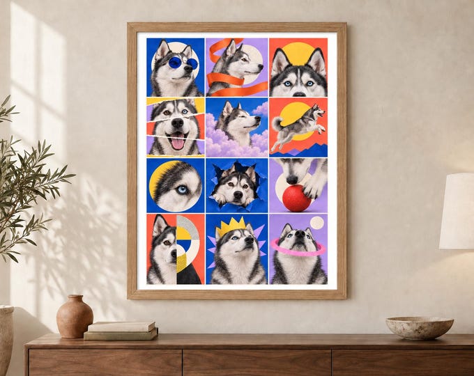 Siberian Husky Collage Print, Colourful Dog Pop Art, A2 Digital Download — presentación de la obra