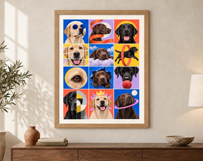 Labrador Retriever Collage Print, Colourful Dog Pop Art, A2 Digital Download — presentación de la obra