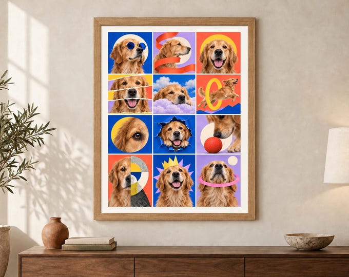 Golden Retriever Collage Print, Colourful Dog Pop Art, A2 Digital Download — presentación de la obra