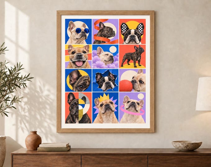 French Bulldog Collage Print, Colourful Dog Pop Art, A2 Digital Download — presentación de la obra