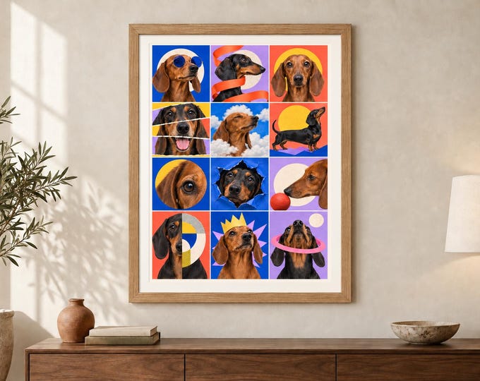 Dachshund Collage Print, Colourful Dog Pop Art, A2 Digital Download — presentación de la obra