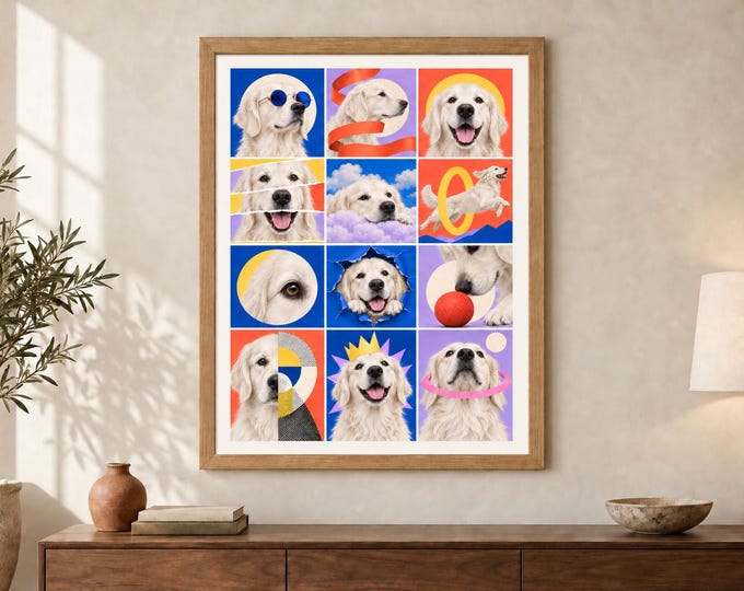 White Golden Retriever Collage Print, English Cream Dog Pop Art, A2 Digital Download — presentación de la obra