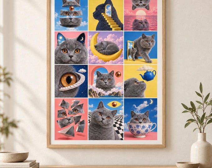 British Shorthair Cat Surreal Collage Print, Blue Grey, A2 Digital Download — presentación de la obra