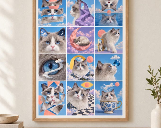 Ragdoll Cat Surreal Collage Print, Blue Bicolour, A2 Digital Download — presentación de la obra