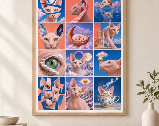 Sphynx Cat Surreal Collage Print, Pink, A2 Digital Download — presentación de la obra