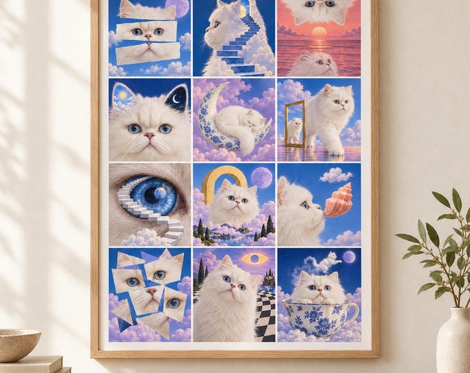 Persian Cat Surreal Collage Print, White, A2 Digital Download — presentación de la obra
