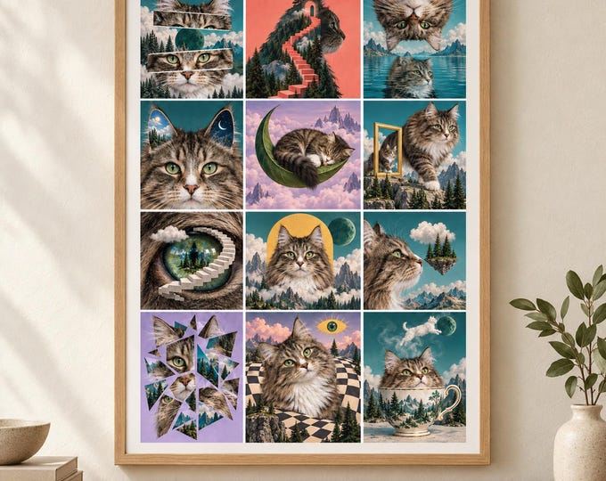 Norwegian Forest Cat Surreal Collage Print, Brown Tabby, A2 Digital Download — presentación de la obra