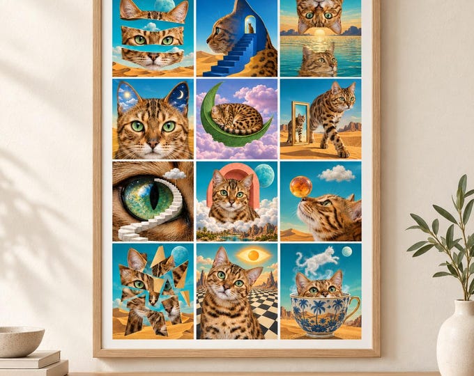 Bengal Cat Surreal Collage Print, Golden Spotted, A2 Digital Download — presentación de la obra