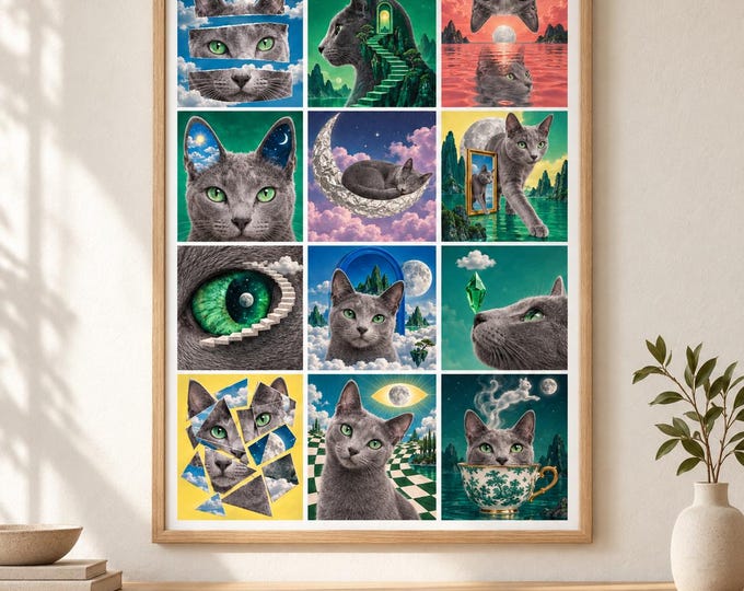 Russian Blue Cat Surreal Collage Print, Silver Grey, A2 Digital Download — presentación de la obra