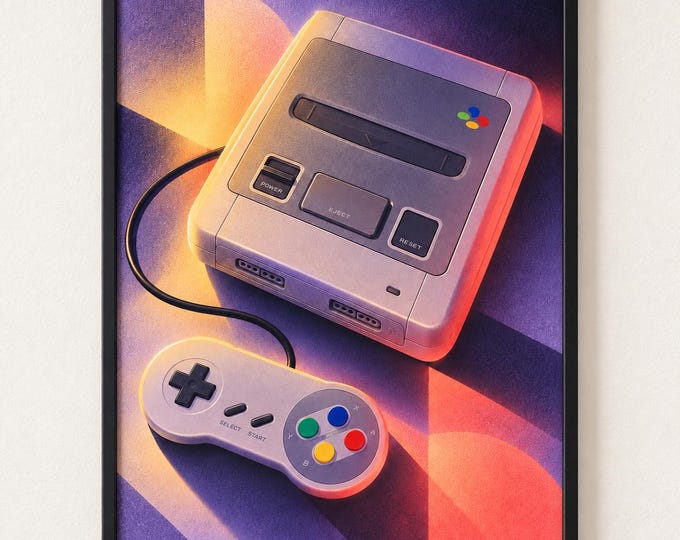 Super Nintendo Art Print, Luminous Gaming Wall Art, Gamer Room Decor, A2 Digital Download — presentación de la obra