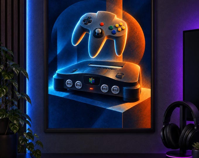 Nintendo 64 Art Print, Luminous Gaming Wall Art, Gamer Room Decor, A2 Digital Download — presentación de la obra
