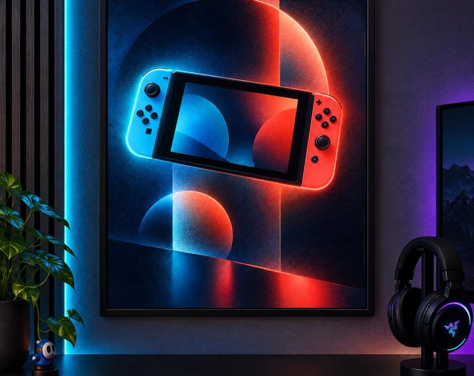 Nintendo Switch Art Print, Luminous Gaming Wall Art, Gamer Room Decor, A2 Digital Download — presentación de la obra