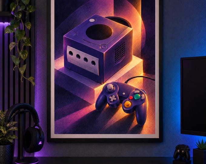 Nintendo GameCube Art Print, Luminous Gaming Wall Art, Gamer Room Decor, A2 Digital Download — presentación de la obra