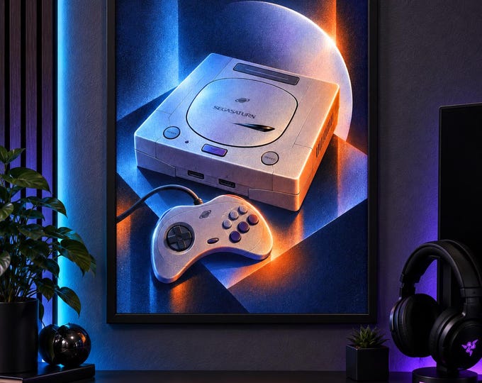 Sega Saturn Art Print, Luminous Gaming Wall Art, Gamer Room Decor, A2 Digital Download — presentación de la obra