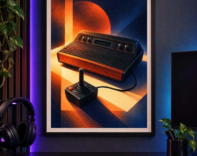 Atari 2600 Art Print, Luminous Gaming Wall Art, Gamer Room Decor, A2 Digital Download — presentación de la obra
