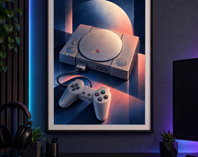 Sony PlayStation Art Print, Luminous Gaming Wall Art, Gamer Room Decor, A2 Digital Download — presentación de la obra