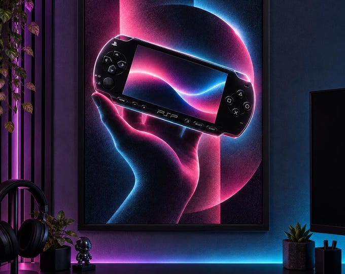 Sony PSP Art Print, Luminous Gaming Wall Art, Gamer Room Decor, A2 Digital Download — presentación de la obra