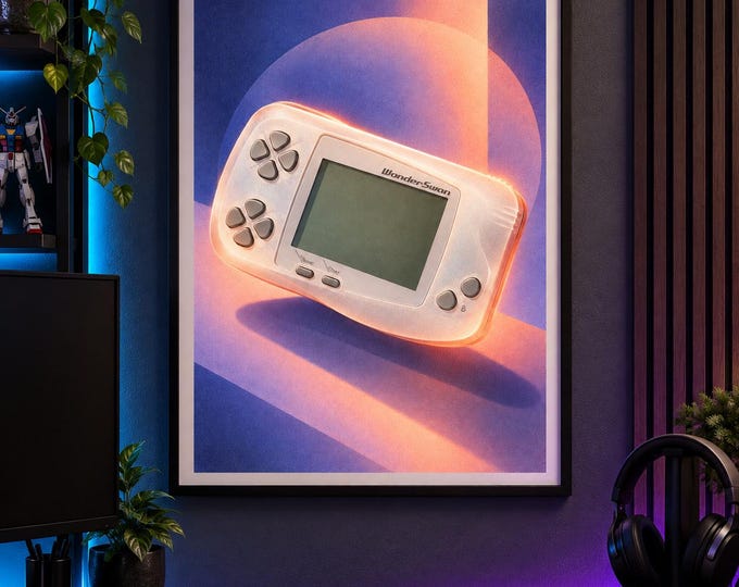 Bandai WonderSwan Art Print, Luminous Gaming Wall Art, Gamer Room Decor, A2 Digital Download — presentación de la obra