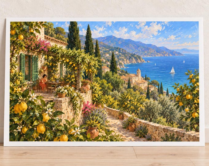 Mediterranean Lemon Garden Art Print, Woman Reading and Coastal Landscape, Digital Download — presentación de la obra