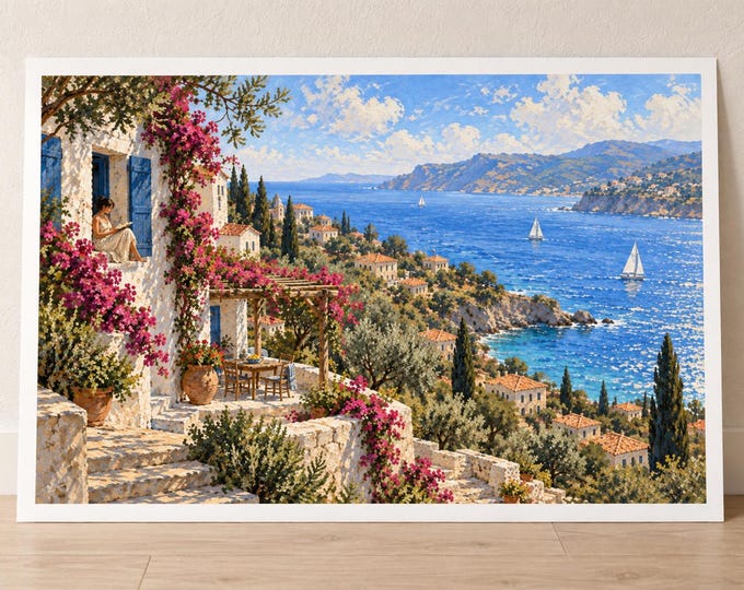 Mediterranean Coastal Window Art Print, Woman Reading by the Sea, Digital Download — presentación de la obra