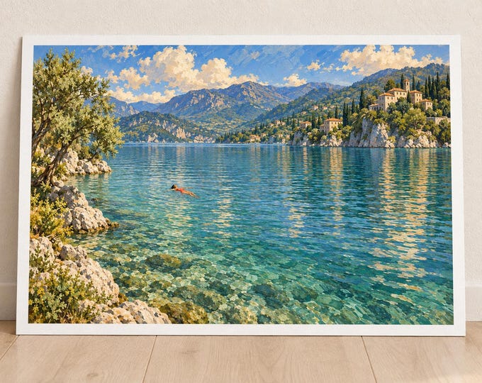 Mediterranean Lake Art Print, Floating Swimmer and Mountain Reflections, Digital Download — presentación de la obra