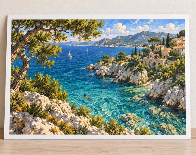 Mediterranean Cove Art Print, Pine Trees and Turquoise Sea Swimmer, Digital Download — presentación de la obra