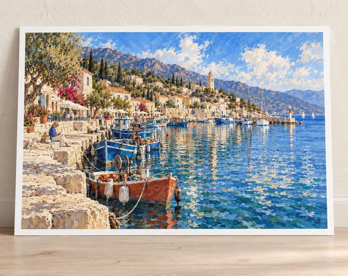 Mediterranean Harbour Art Print, Colourful Fishing Boats and Coastal Village, Digital Download — presentación de la obra