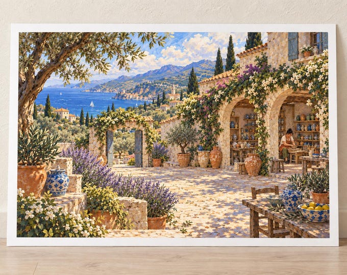 Mediterranean Pottery Courtyard Art Print, Sunlit Ceramic Studio, Digital Download — presentación de la obra