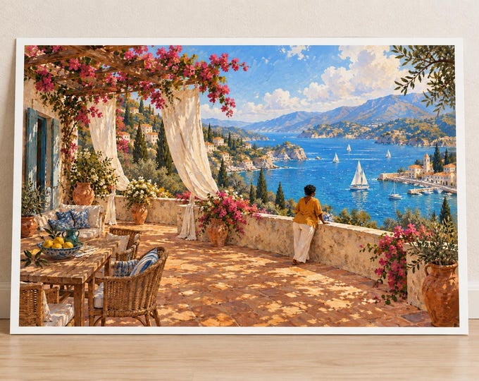 Mediterranean Terrace Art Print, Bougainvillea and Blue Sea Landscape, Digital Download — presentación de la obra