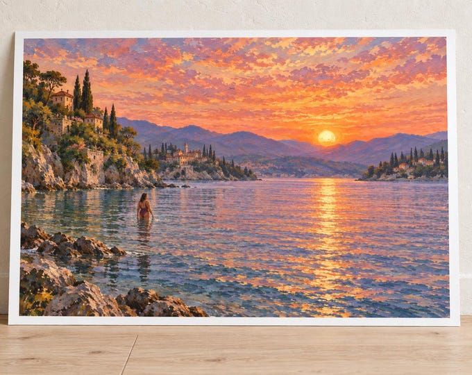 Mediterranean Sunset Lake Art Print, Golden Water and Evening Swimmer, Digital Download — presentación de la obra
