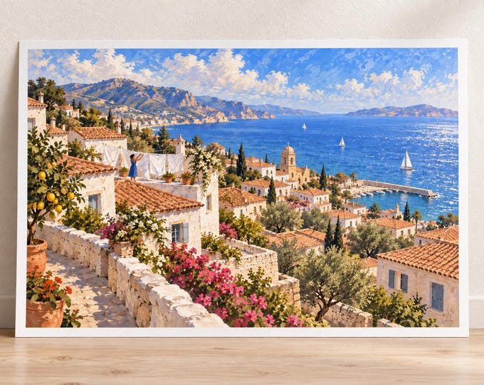 Mediterranean Rooftops Art Print, White Laundry and Coastal Village, Digital Download — presentación de la obra
