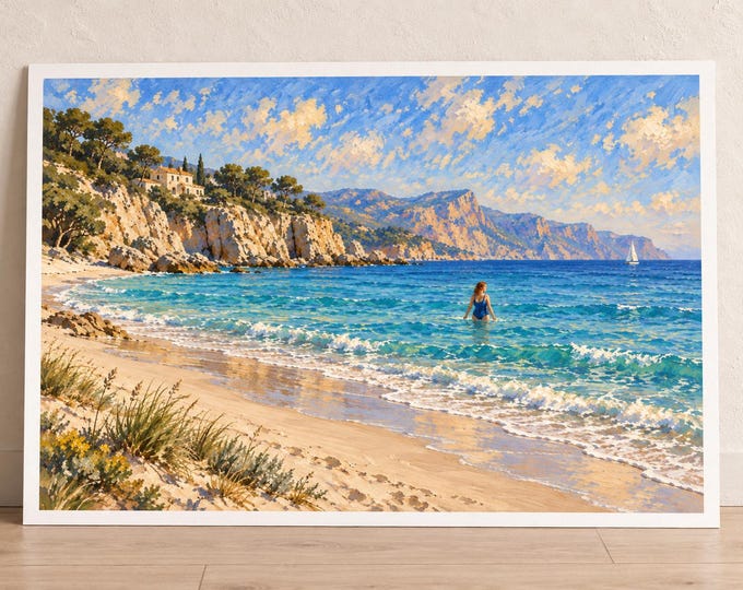 Mediterranean Beach Art Print, Turquoise Waves and Sunlit Cliffs, Digital Download — presentación de la obra