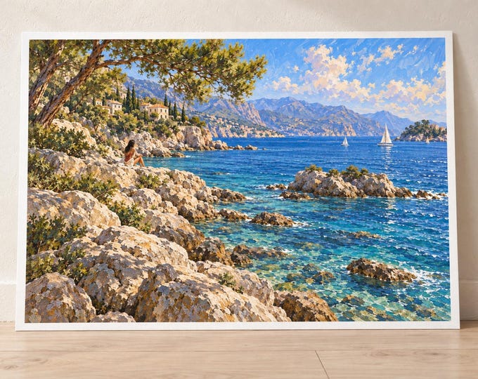 Mediterranean Rocky Coast Art Print, Quiet Sea and Pine Tree Shade, Digital Download — presentación de la obra
