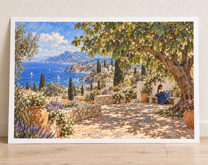 Mediterranean Fig Tree Garden Art Print, Reading by the Coast, Digital Download — presentación de la obra
