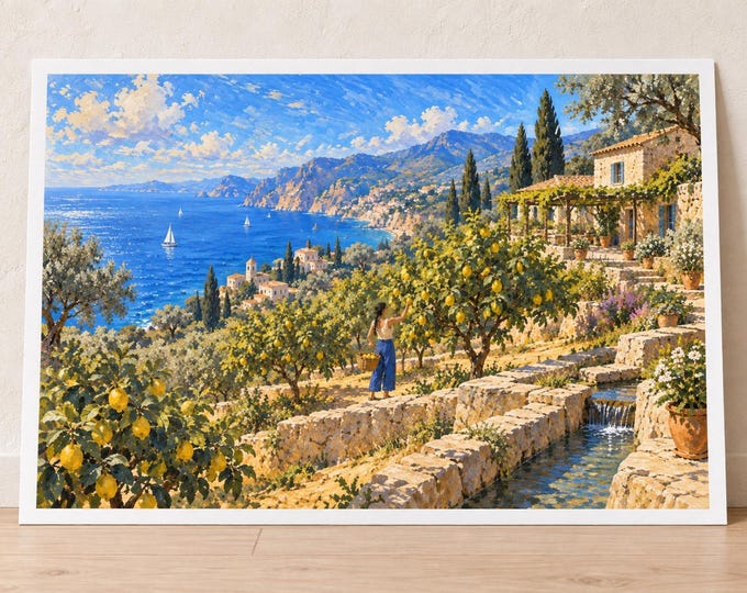 Mediterranean Lemon Orchard Art Print, Terraced Garden by the Sea, Digital Download — presentación de la obra