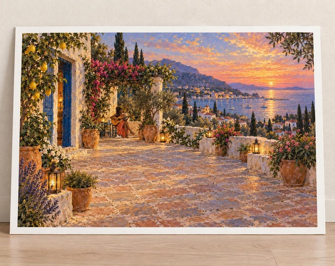 Mediterranean Evening Courtyard Art Print, Guitar Music and Coastal Sunset, Digital Download — presentación de la obra