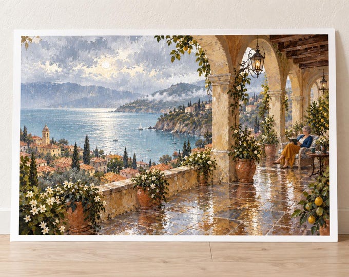 Mediterranean Rainy Bay Art Print, Reading under Stone Arches, Digital Download — presentación de la obra